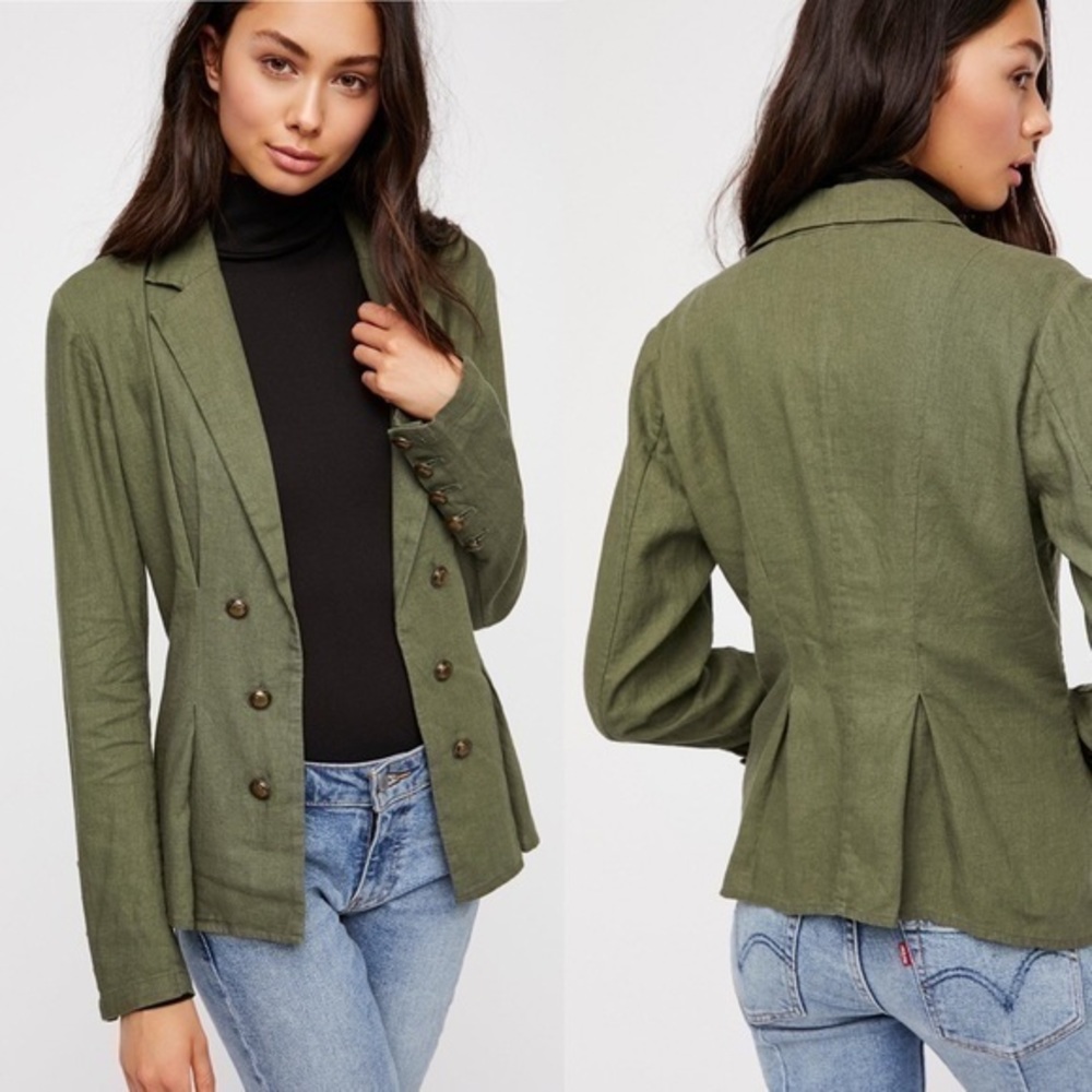 Free People Green Cinched Waist Linen Blazer size M